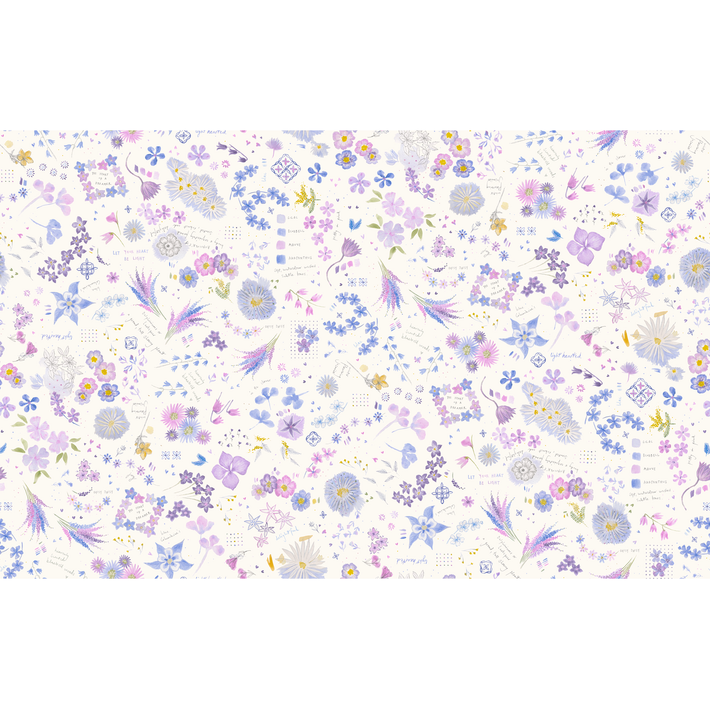Floral collage pattern with pastel blues, purples, and yellows on a white background