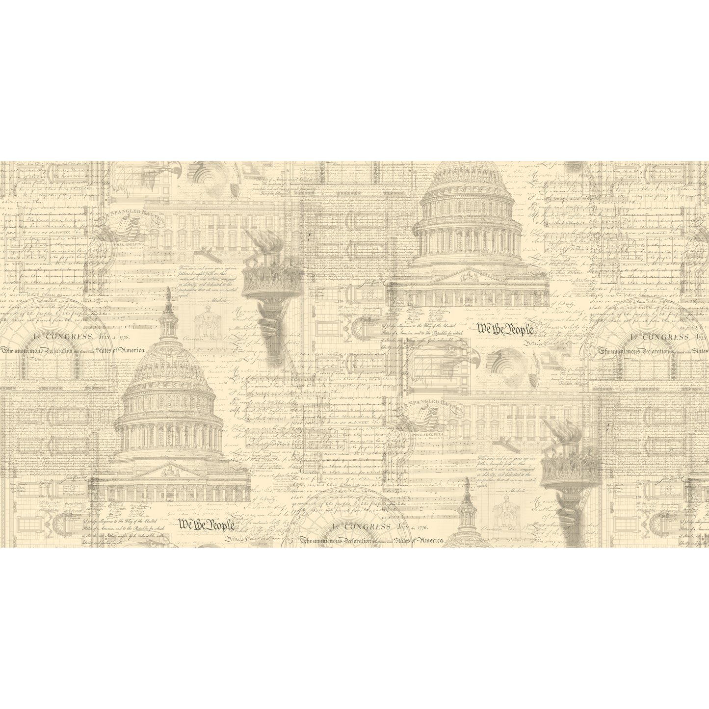 Cream/Offwhite fabric patterned with a patriotic collage including text and drawings of the capitol building