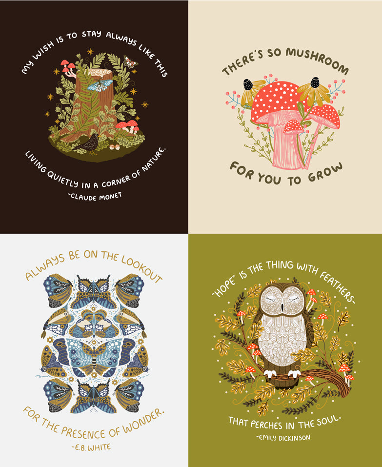 Four illustrated fabric patterns on a panel with nature-themed designs and quotes on a white background.