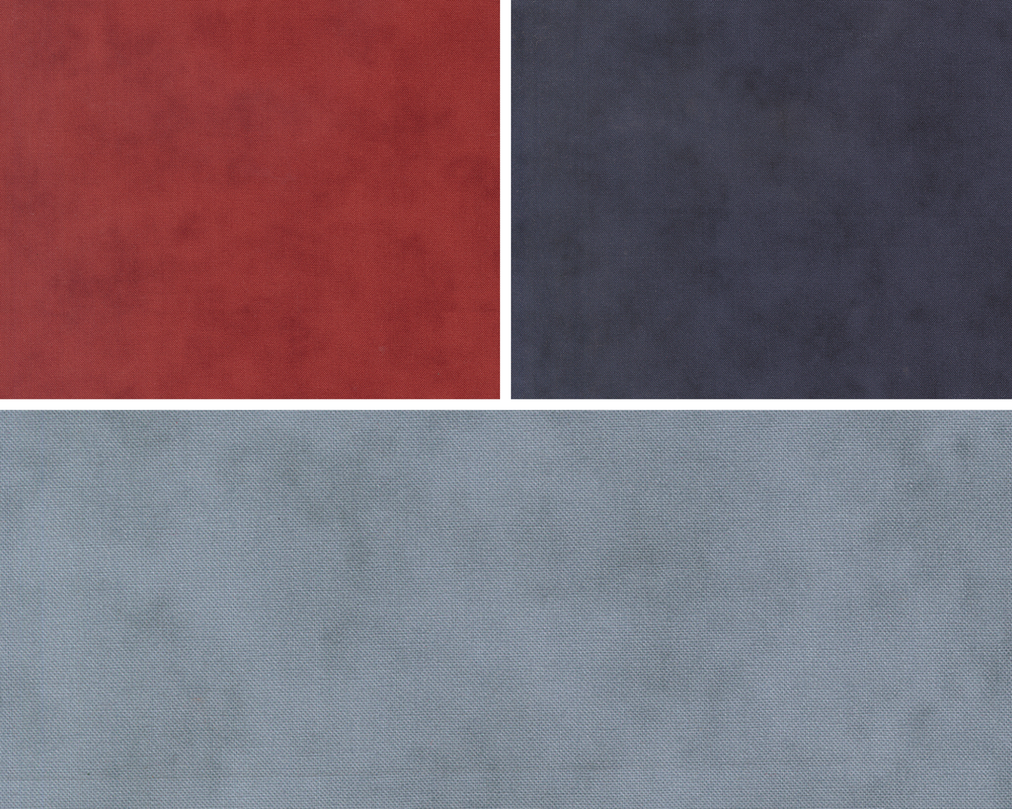 Three fabrics from the America 250 Years collection by Deb Strain for Moda Fabrics. They are blue and red tonal shaded solids.