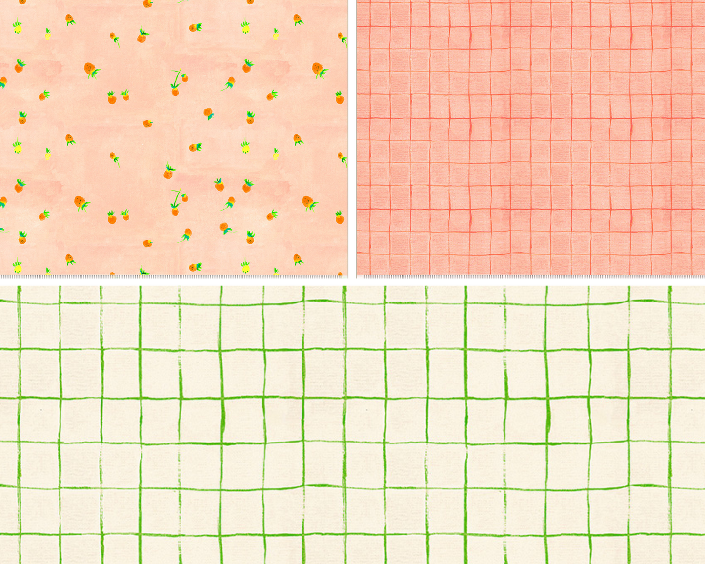 Three fabric swatches. One has strawberries on pink, one is pink plaid, and one is white and green plaid.
