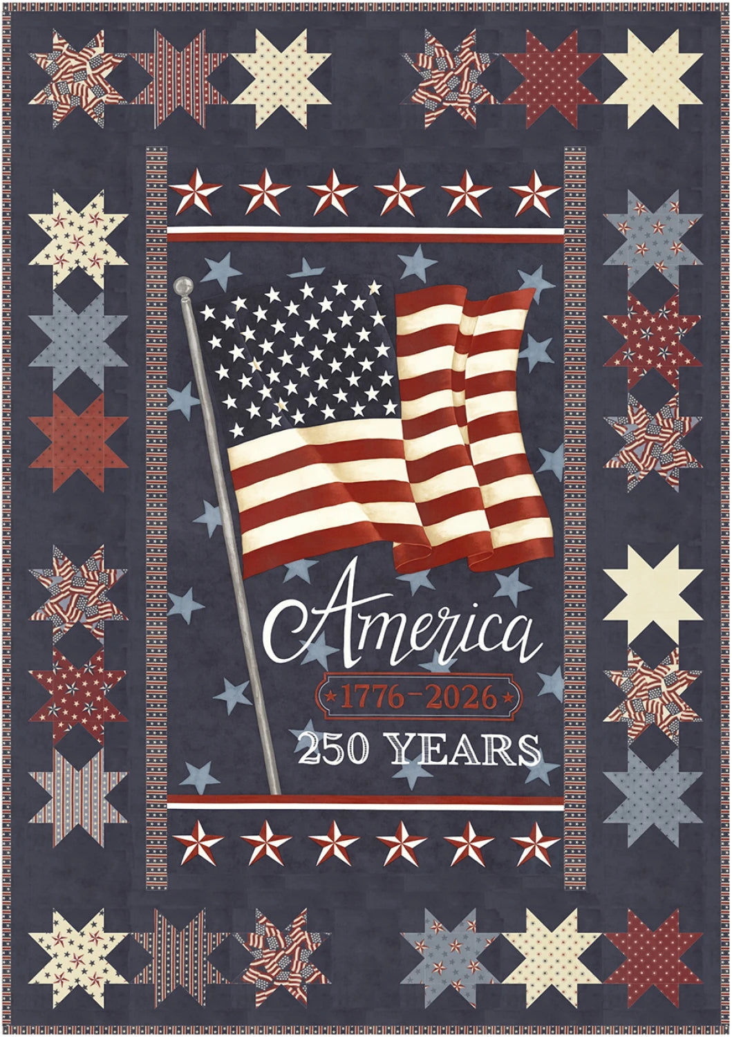Quilt with American flag and stars celebrating 250 years of America, featuring a navy panel.