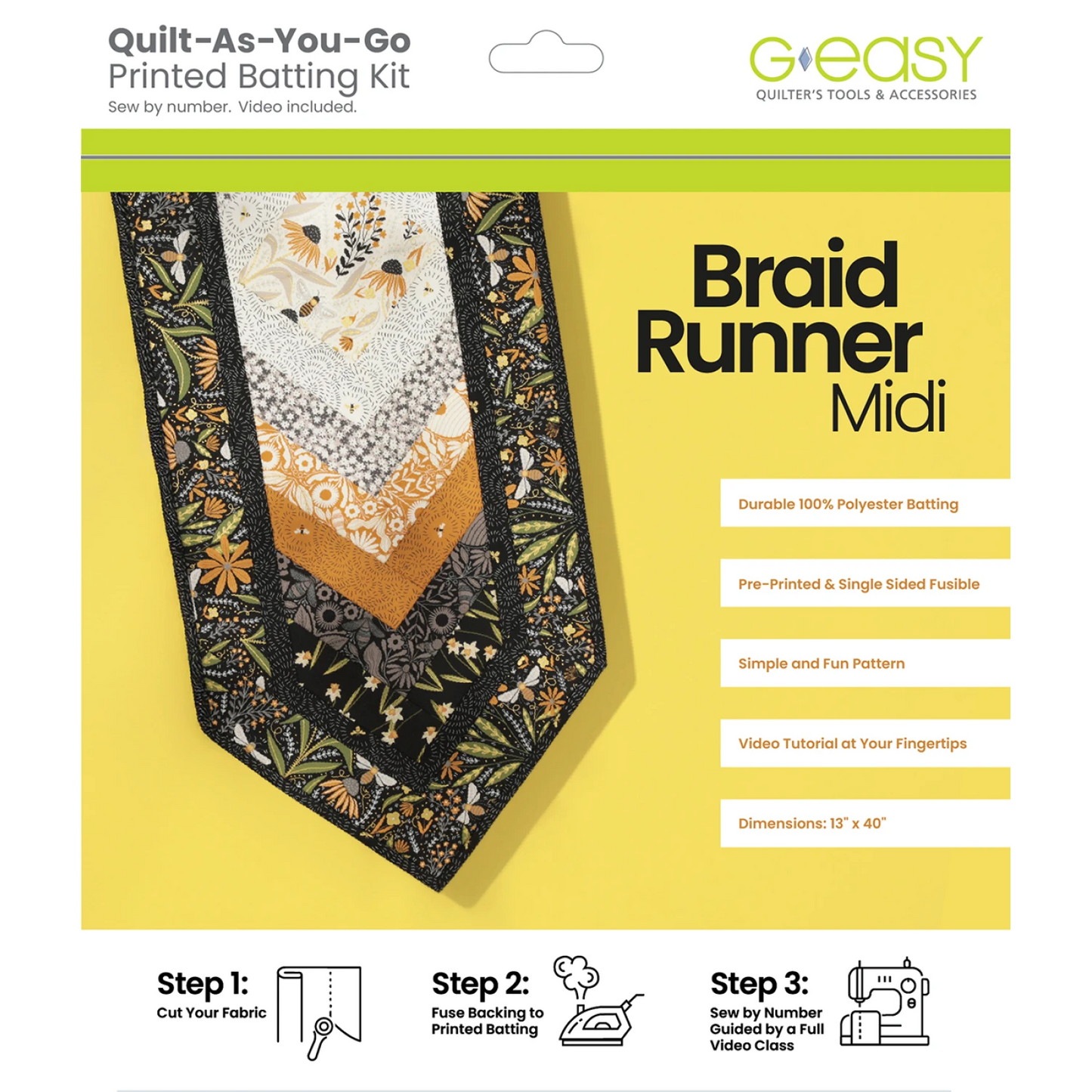 Quilt-as-you-go printed batting kit packaging with a colorful braid runner design on a yellow background.