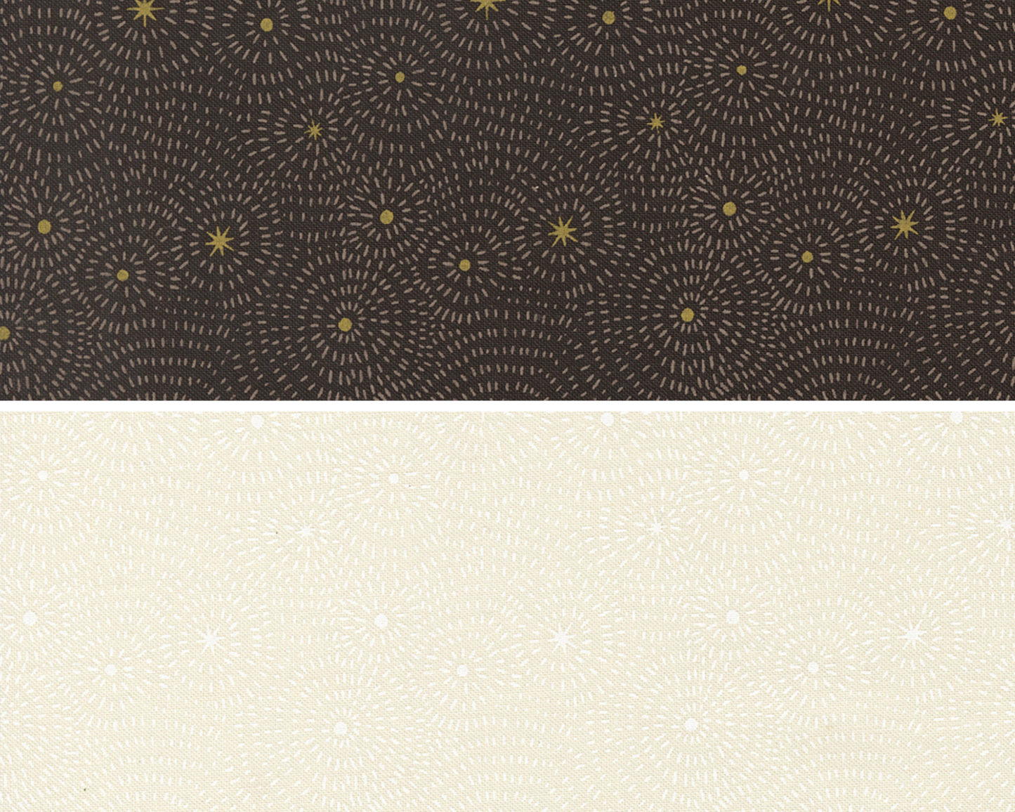 Two fabric swatches featuring starburst designs. One in black and one in white on white tonal.