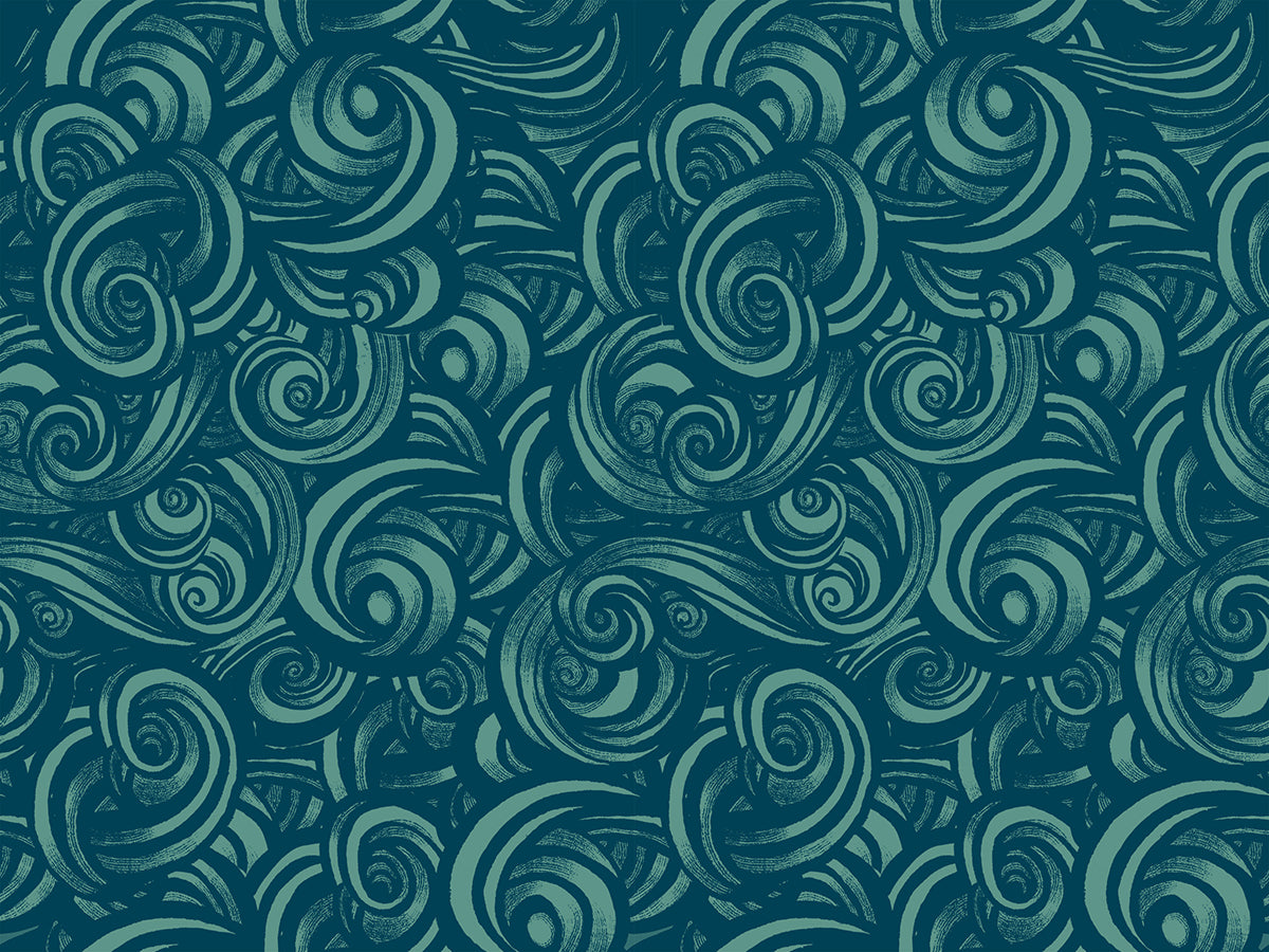 Patterned fabric with swirling designs in teal on a blue background.