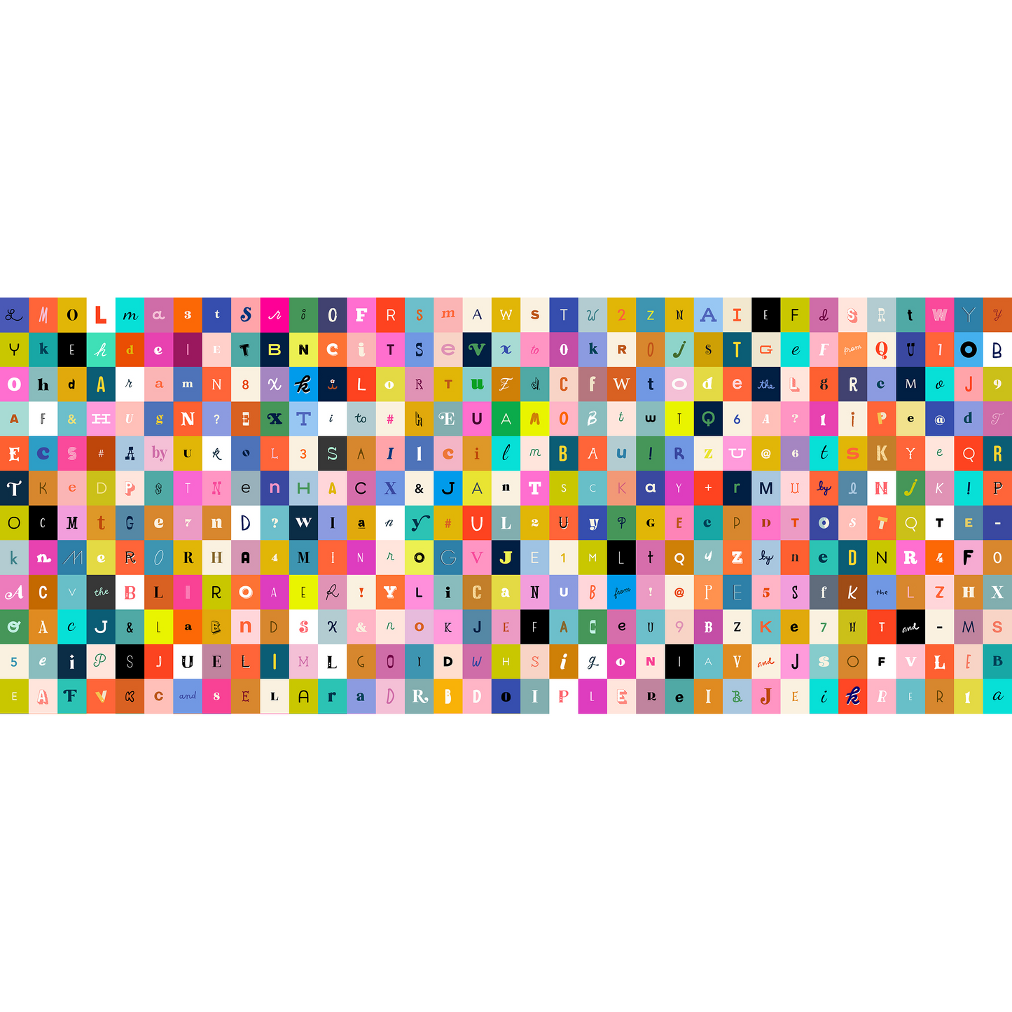 Colorful grid of letters and numbers on a white background