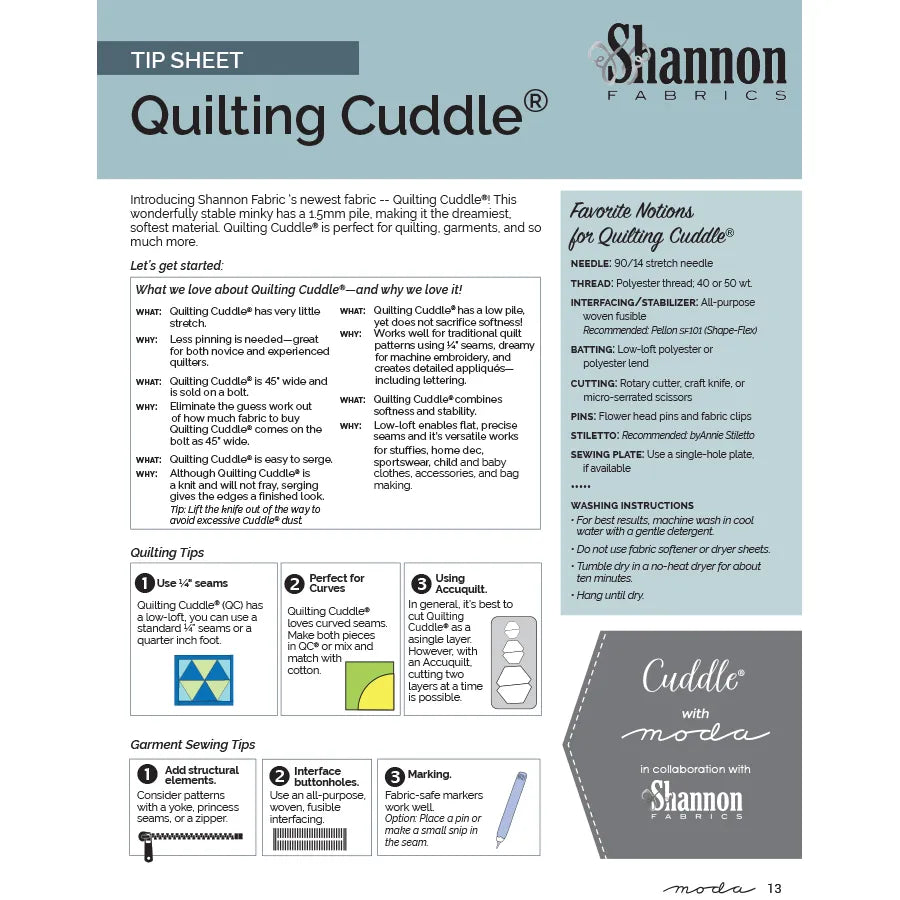 A tip sheet for working with Shannon and Moda's quilting cuddle.