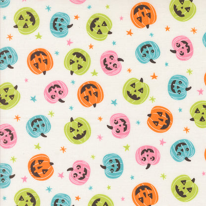 Pattern of colorful jack o lantern and stars on a white background