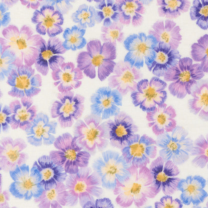 Pattern of purple and blue flowers with yellow centers on a white background