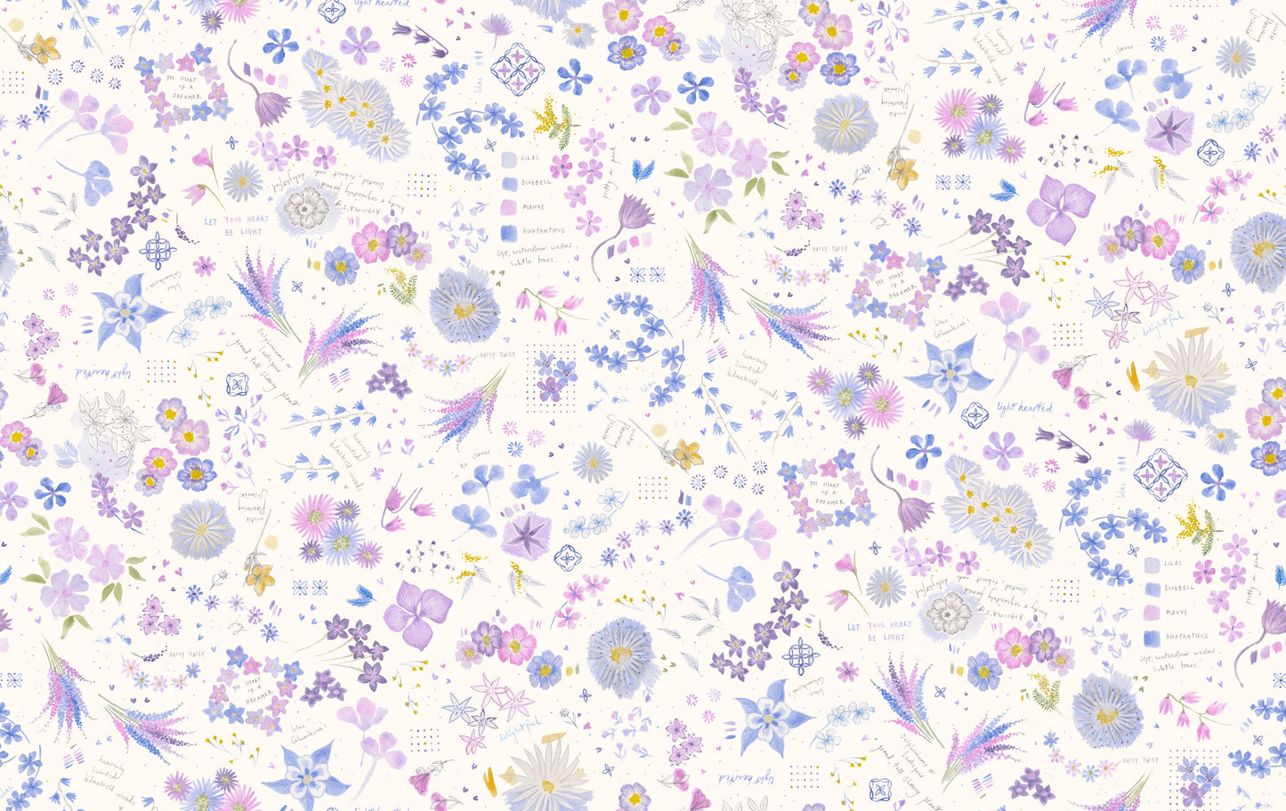 Floral collage pattern with pastel  blues, purples, and yellows on a white background