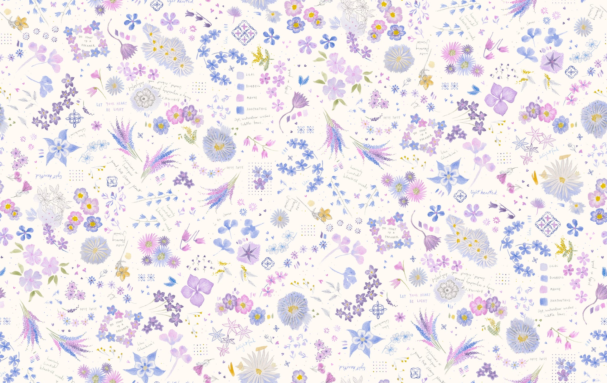 Floral collage pattern with pastel  blues, purples, and yellows on a white background