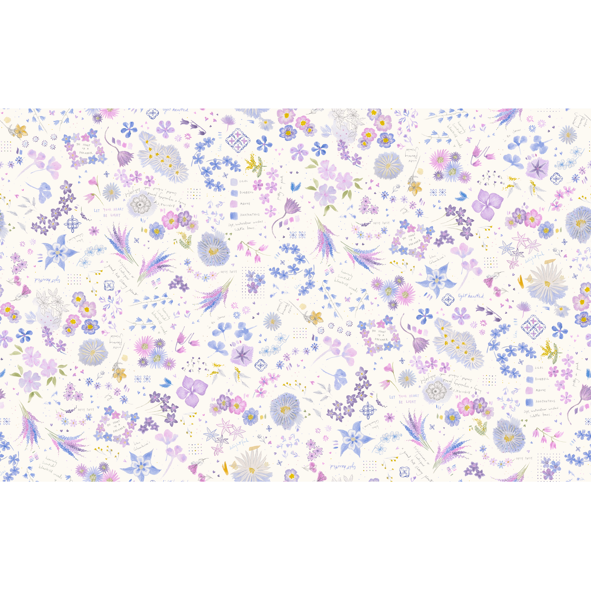 Floral collage pattern with pastel  blues, purples, and yellows on a white background