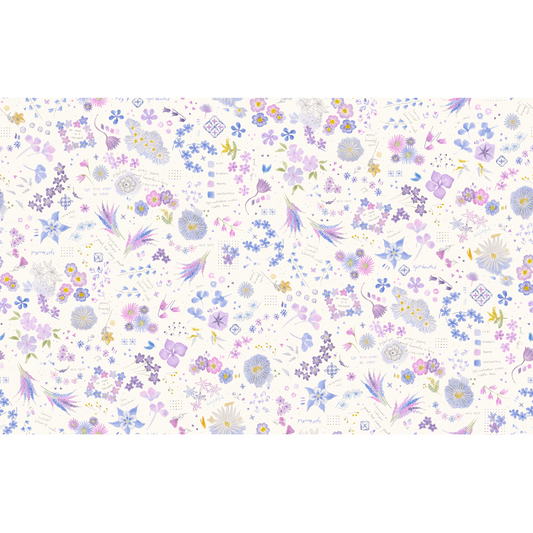 Floral collage pattern with pastel  blues, purples, and yellows on a white background