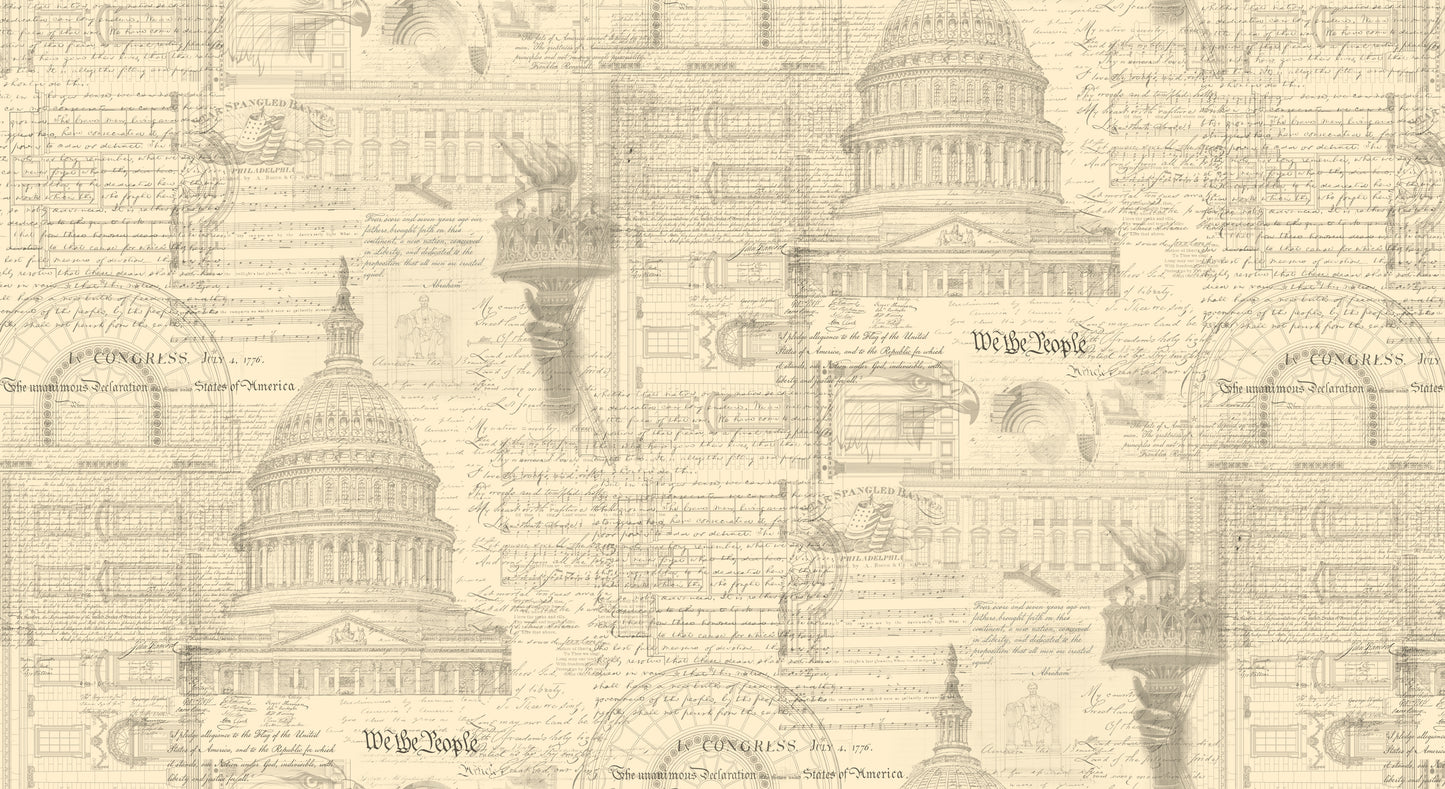 Cream/Offwhite fabric patterned with a patriotic collage including text and drawings of the capitol building