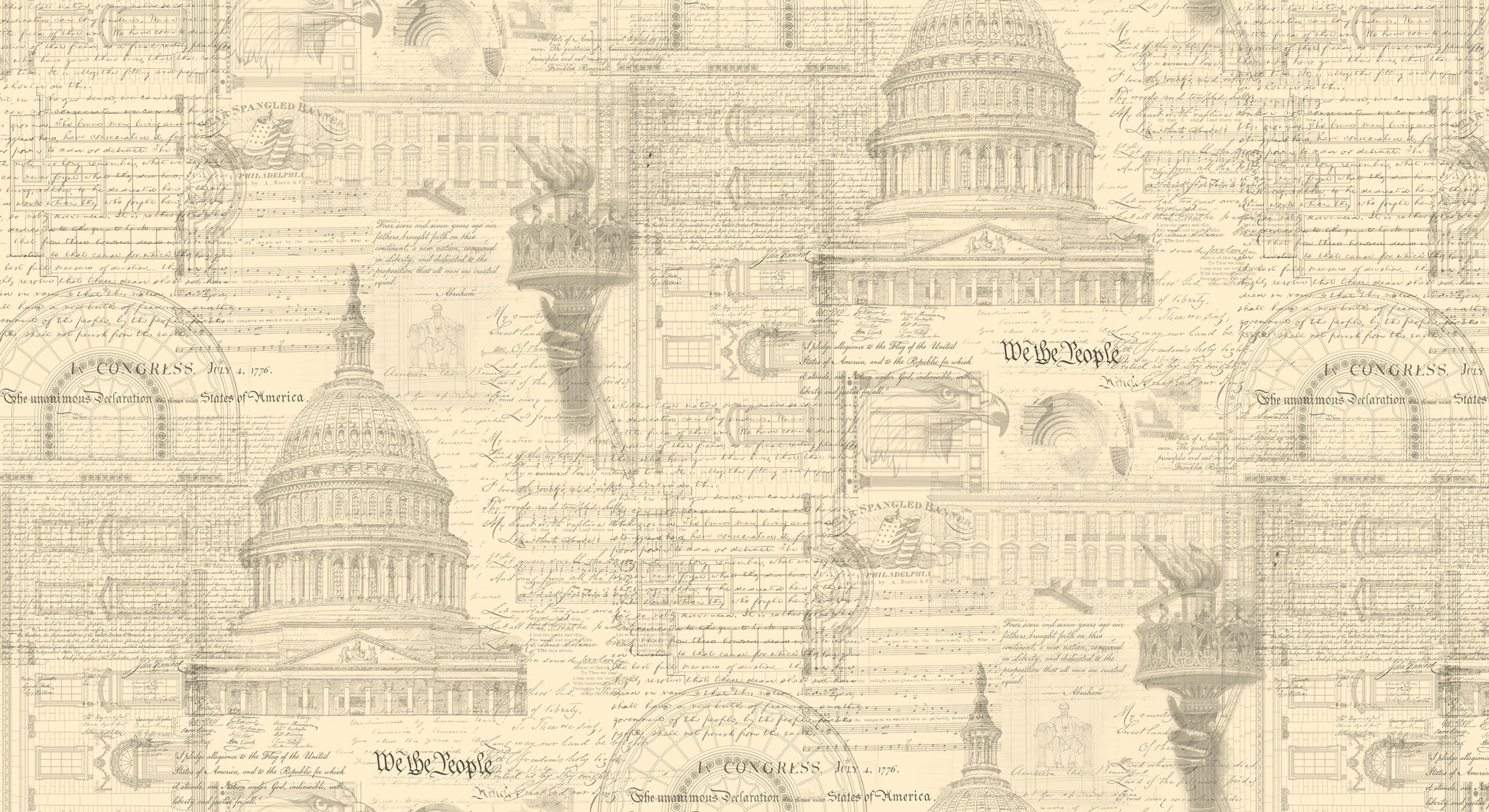 Cream/Offwhite fabric patterned with a patriotic collage including text and drawings of the capitol building