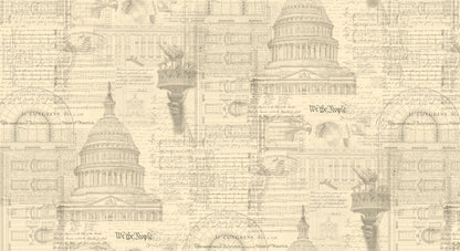 Cream/Offwhite fabric patterned with a patriotic collage including text and drawings of the capitol building