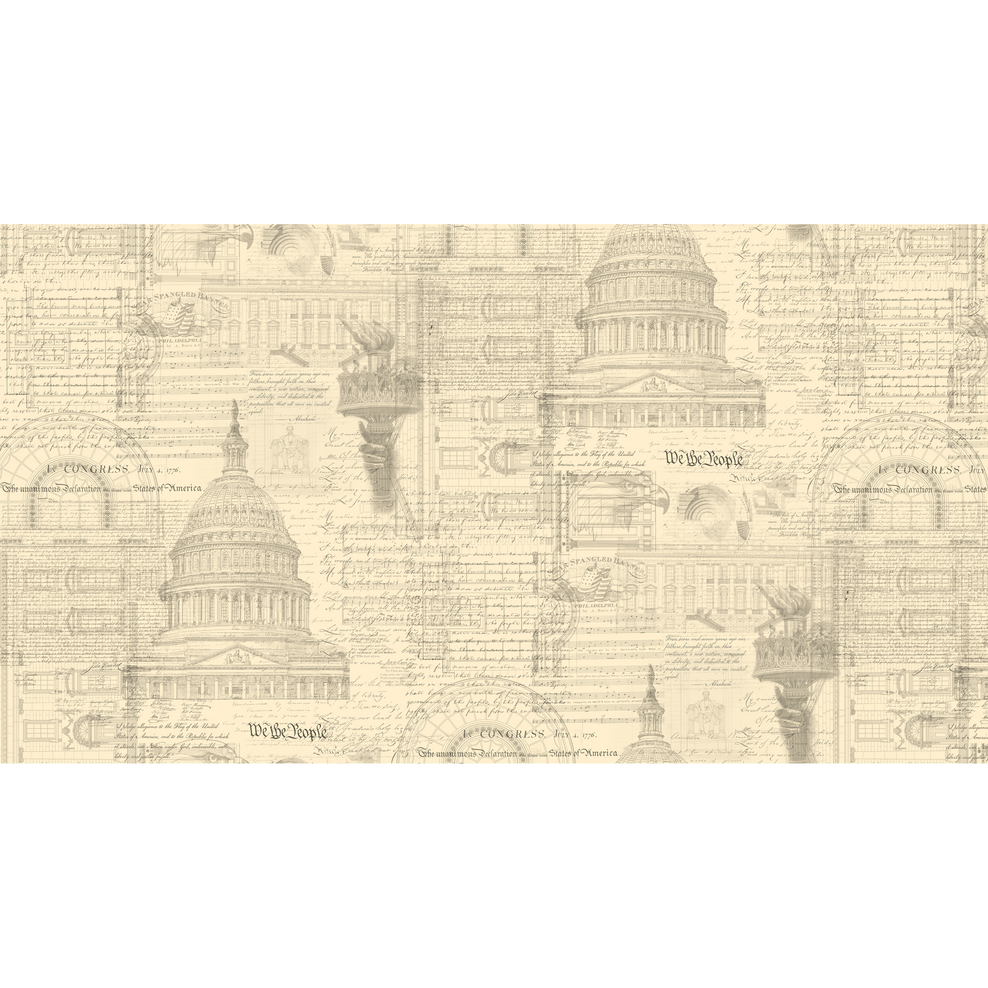 Cream/Offwhite fabric patterned with a patriotic collage including text and drawings of the capitol building