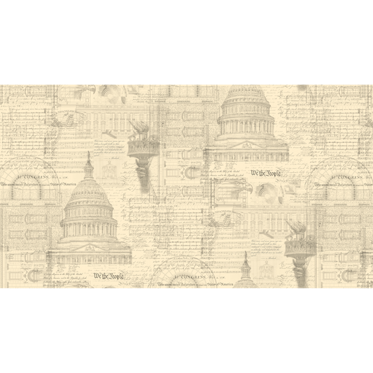 Cream/Offwhite fabric patterned with a patriotic collage including text and drawings of the capitol building