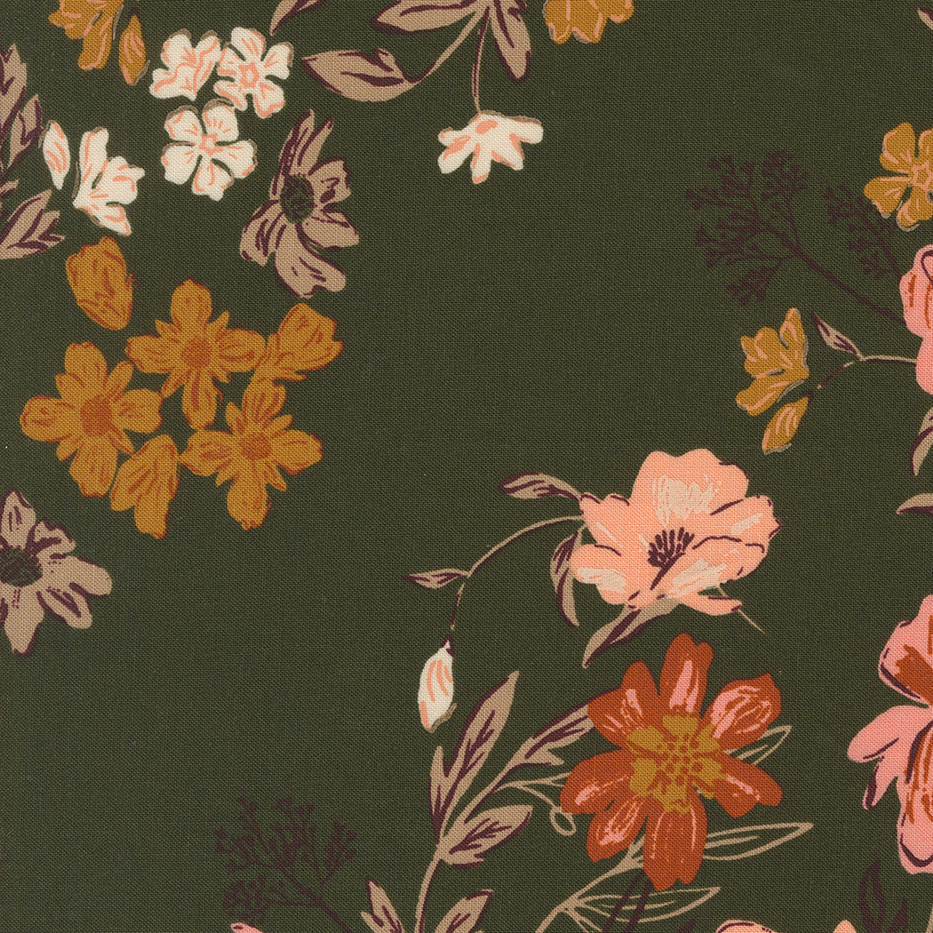 Floral pattern with various flowers on a dark green background