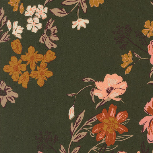 Floral pattern with various flowers on a dark green background