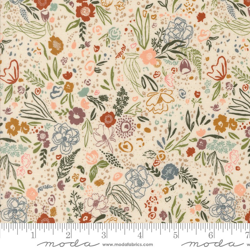 Floral fabric pattern with a ruler at the bottom for scale, featuring Moda Fabrics branding.
