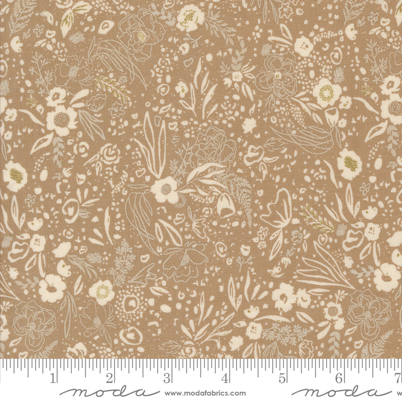 Floral patterned fabric with a ruler at the bottom for scale, featuring the brand 'Moda'.