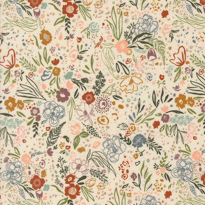 Floral patterned fabric with various flowers and leaves on a cream background