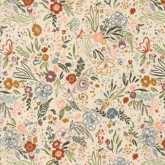Floral patterned fabric with various flowers and leaves on a cream background