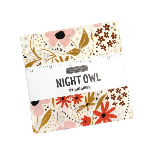 Night Owl Charm Pack wrapped in a Moda Label with the name of the fabric and designer - Gingiber