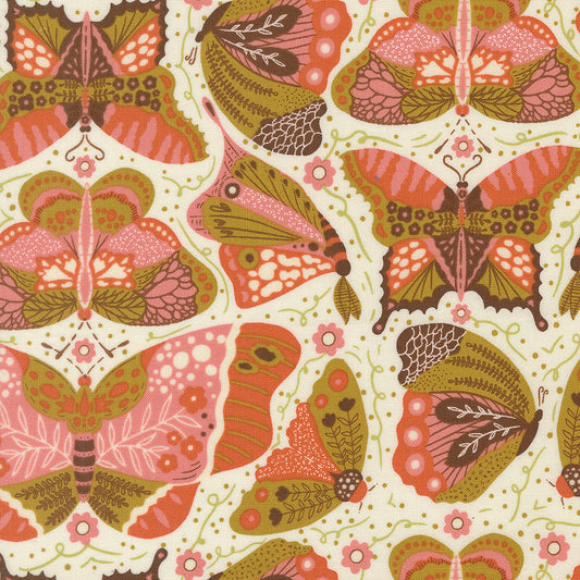 Butterfly pattern with pink, green, and brown colors on a Cream background