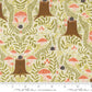 Woodland-themed fabric pattern with trees, mushrooms, and leaves on a cream background, featuring Moda label.