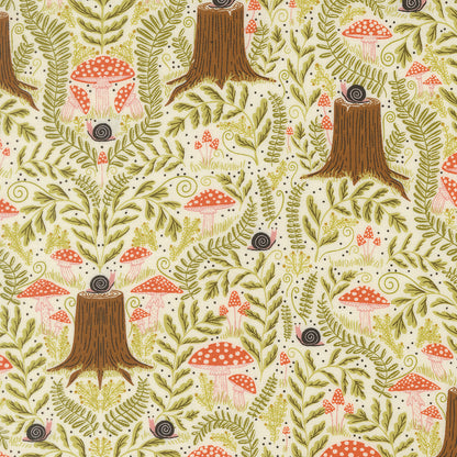 Woodland pattern with mushrooms, tree stumps, and ferns on a light green background