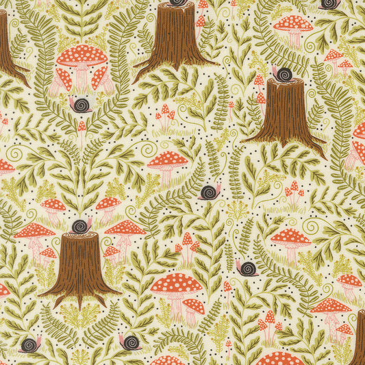 Woodland pattern with mushrooms, tree stumps, and ferns on a light green background