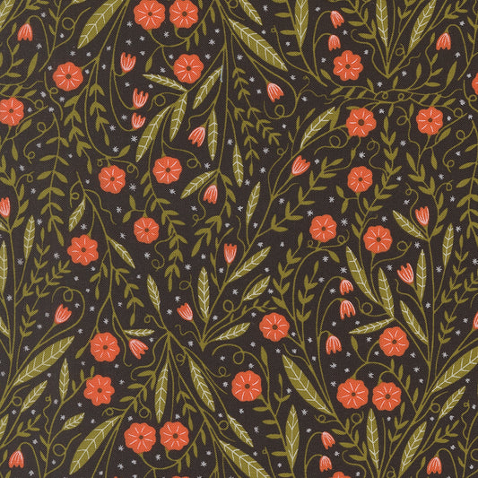 Floral pattern with red flowers and green leaves on a dark background