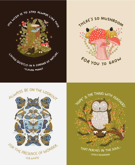 Four illustrated fabric patterns on a panel with nature-themed designs and quotes on a white background.