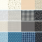 Grid of various 50 Yards of Moda fabric patterns in a Neutral and blue palette.