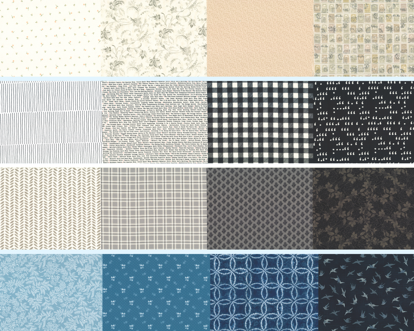 Grid of various 50 Yards of Moda fabric patterns in a Neutral and blue palette.