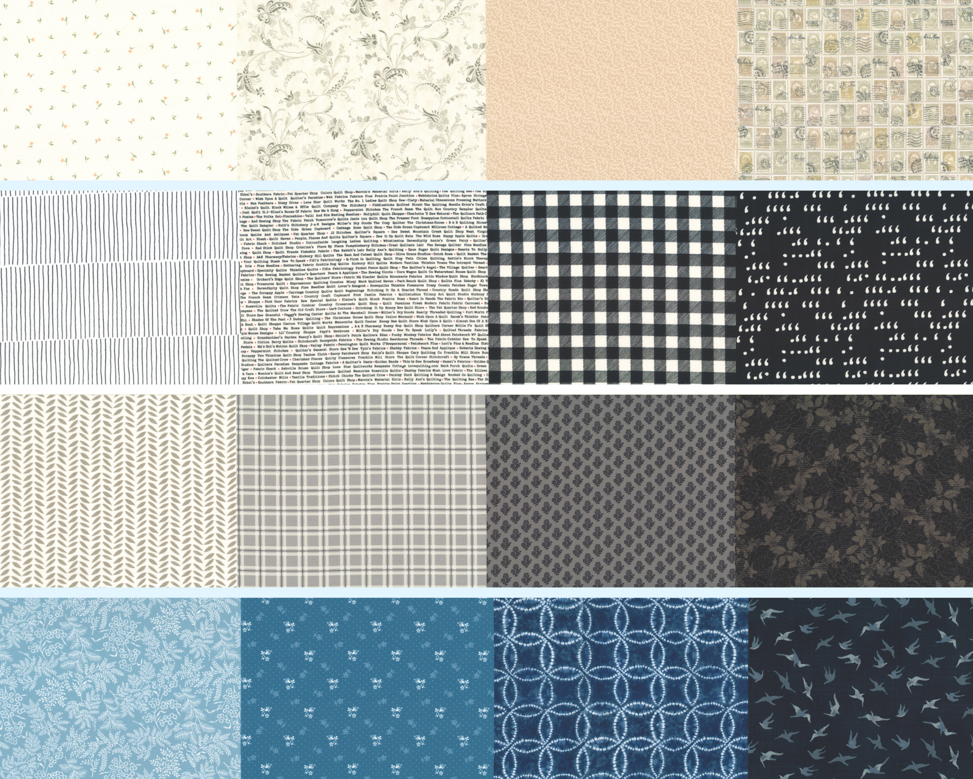 Grid of various 50 Yards of Moda fabric patterns in a Neutral and blue palette.