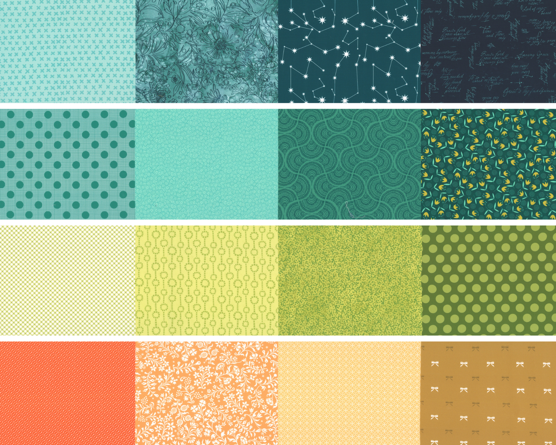 Grid of various 50 Yards of Moda fabric patterns in a green and orange palette.