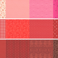 Grid of various 50 Yards of Moda fabric patterns in a pink and red palette.
