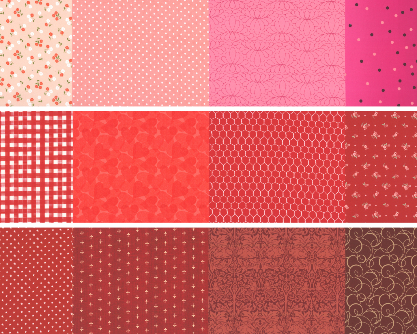 Grid of various 50 Yards of Moda fabric patterns in a pink and red palette.