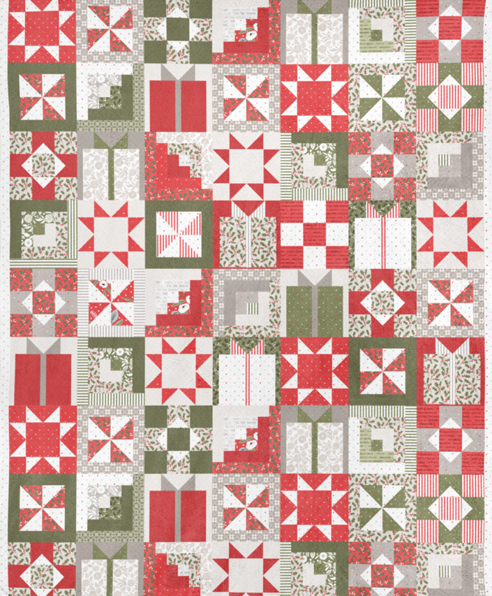 A fabric swatch for quilting cuddle with a patchwork design of stars, pinwheels, log cabins, and gift packages.