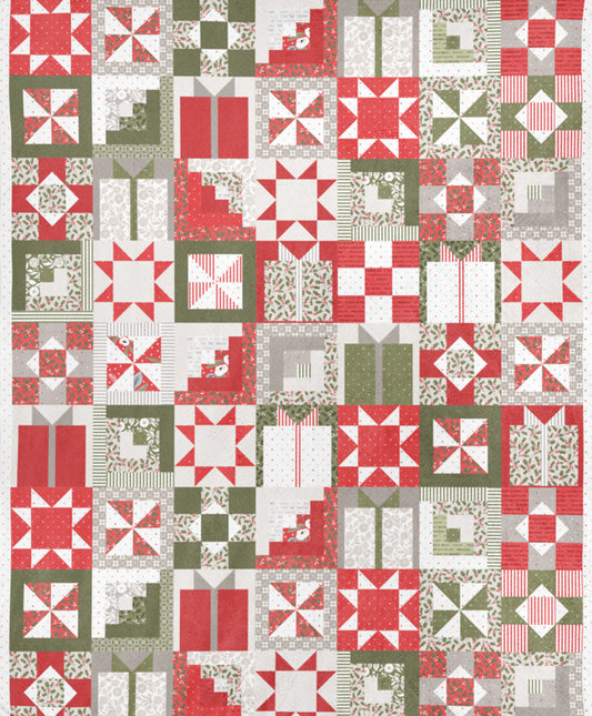 A fabric swatch for quilting cuddle with a patchwork design of stars, pinwheels, log cabins, and gift packages.