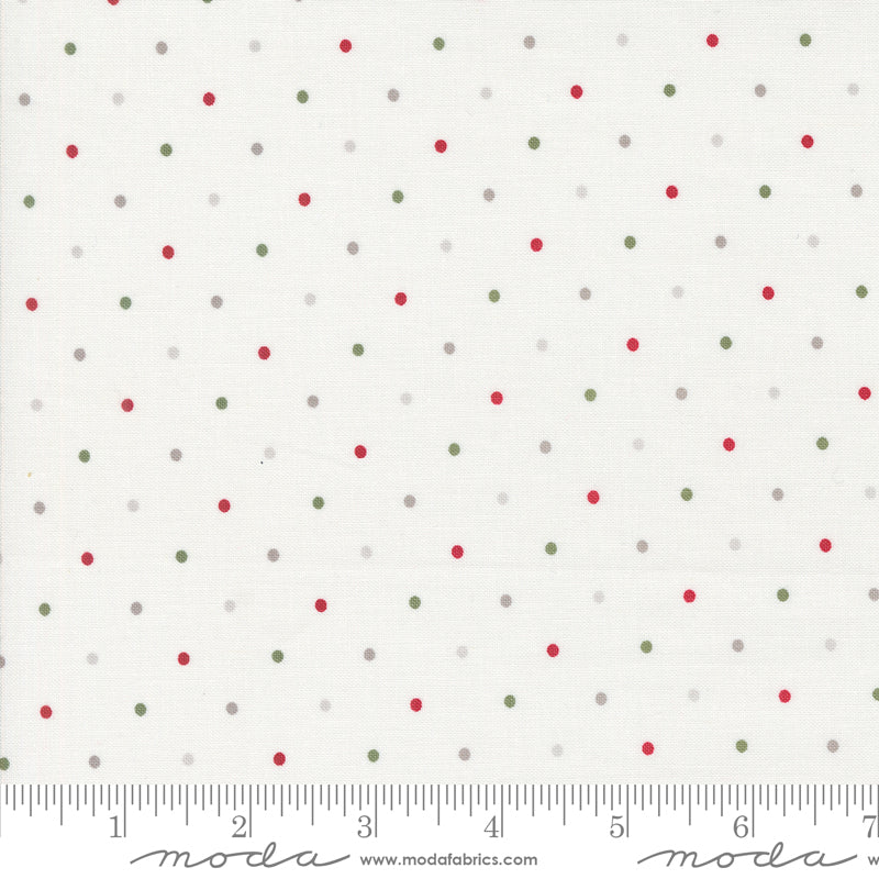 White Fabric with Pin Dots in Red, Green, and Gray. 100% Cotton from Wild Honey by Lella Boutique for Moda Fabrics. Ruler on the bottom for scale.