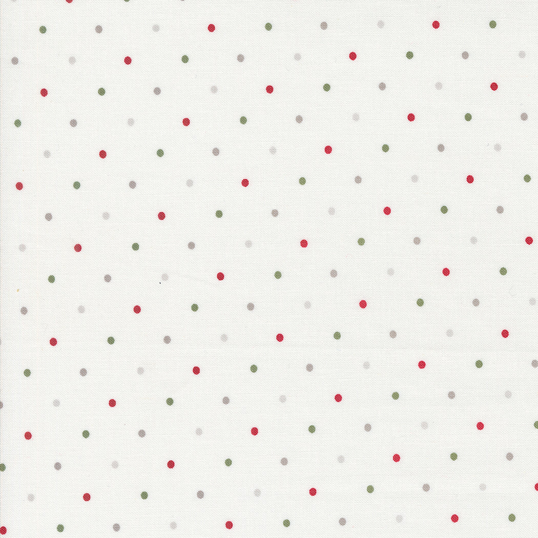 White Fabric with Pin Dots in Red, Green, and Gray. 100% Cotton from Wild Honey by Lella Boutique for Moda Fabrics.