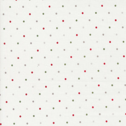 White Fabric with Pin Dots in Red, Green, and Gray. 100% Cotton from Wild Honey by Lella Boutique for Moda Fabrics.