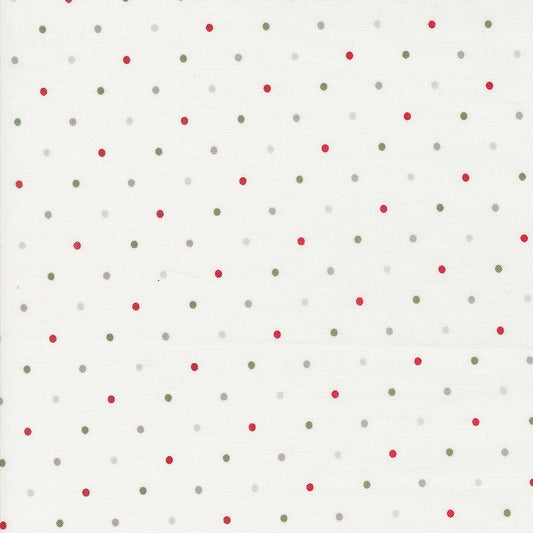 White Fabric with Pin Dots in Red, Green, and Gray. 100% Cotton from Wild Honey by Lella Boutique for Moda Fabrics.