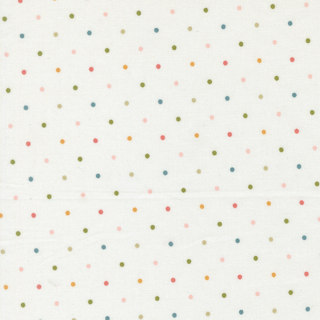White Fabric with Pin Dots in Pink, Honey, Green, and Blue. 100% Cotton from Wild Honey by Lella Boutique 
for Moda Fabrics.