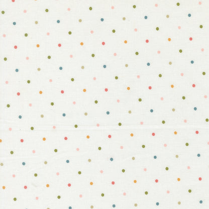White Fabric with Pin Dots in Pink, Honey, Green, and Blue. 100% Cotton from Wild Honey by Lella Boutique 
for Moda Fabrics.