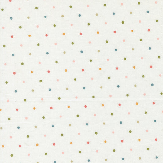White Fabric with Pin Dots in Pink, Honey, Green, and Blue. 100% Cotton from Wild Honey by Lella Boutique 
for Moda Fabrics.